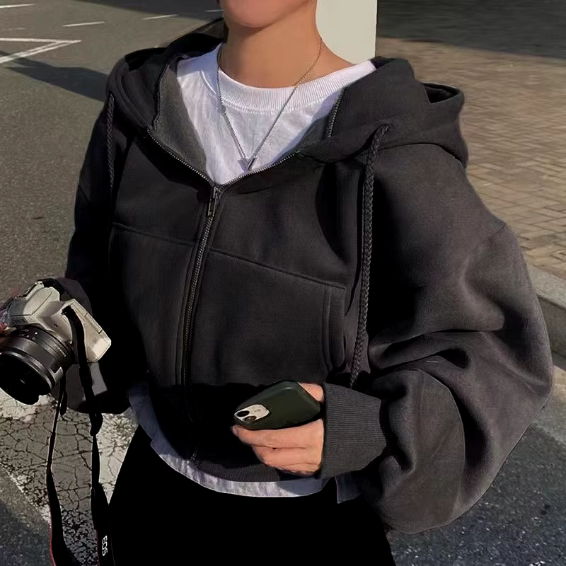 2024 Spring Autumn New Insfleece-Lined Versatile Cropped Slims Smooths Silhouette Zip-Up Warm Navy Blue Hooded Sweatshirt Women