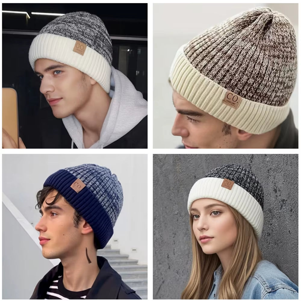 New Unisex Two-Tone Winter Hats Add Fur Lined Men and Women Fashion Warm Beanie Cap Casual Winter Knitted Hats