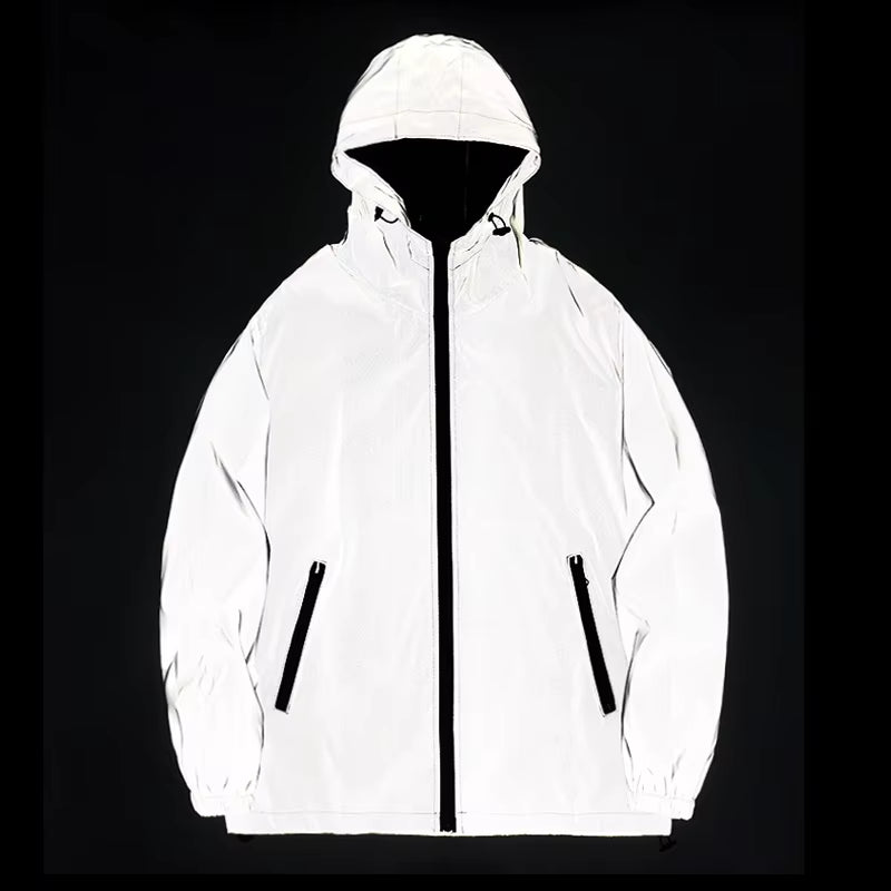 NEW SIZE Night Reflective Jackets Double Fabric Windbreaker Hooded Jacket Men Hip Hop Dancer Waterproof Zipper Coats Outwear