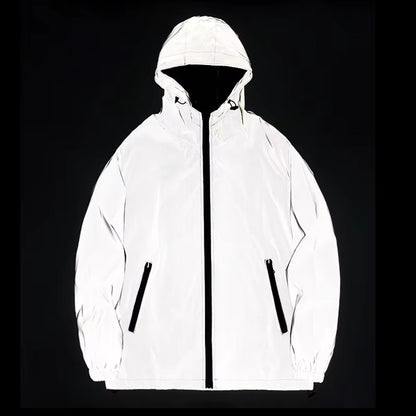 NEW SIZE Night Reflective Jackets Double Fabric Windbreaker Hooded Jacket Men Hip Hop Dancer Waterproof Zipper Coats Outwear