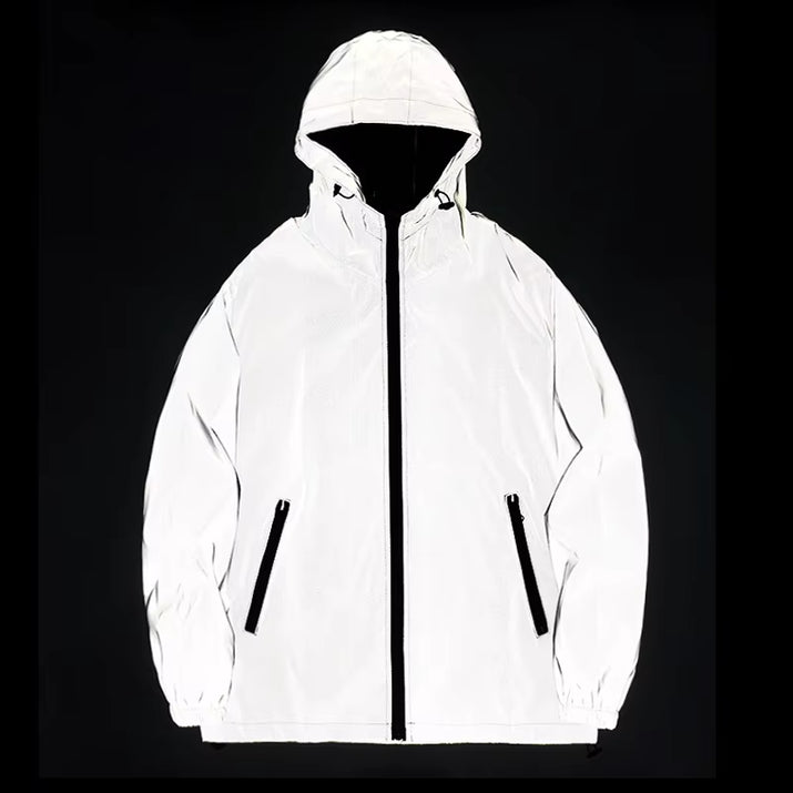 NEW SIZE Night Reflective Jackets Double Fabric Windbreaker Hooded Jacket Men Hip Hop Dancer Waterproof Zipper Coats Outwear