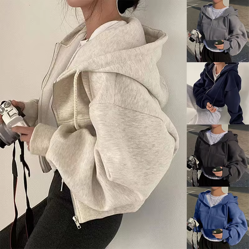 2024 Spring Autumn New Insfleece-Lined Versatile Cropped Slims Smooths Silhouette Zip-Up Warm Navy Blue Hooded Sweatshirt Women