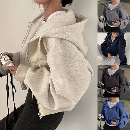 2024 Spring Autumn New Insfleece-Lined Versatile Cropped Slims Smooths Silhouette Zip-Up Warm Navy Blue Hooded Sweatshirt Women