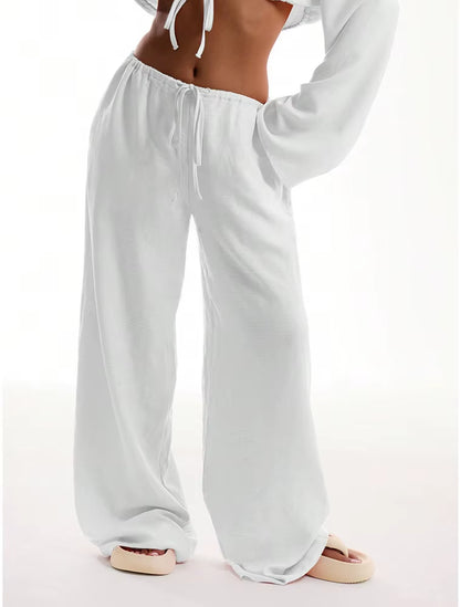 Casual Oversized White Solid Wide Leg Pants Fashion Women Elastic High Waist Pocket Baggy Sweatpant Office Lady Commute Trousers