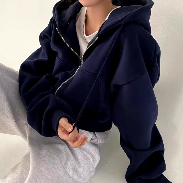 2024 Spring Autumn New Insfleece-Lined Versatile Cropped Slims Smooths Silhouette Zip-Up Warm Navy Blue Hooded Sweatshirt Women
