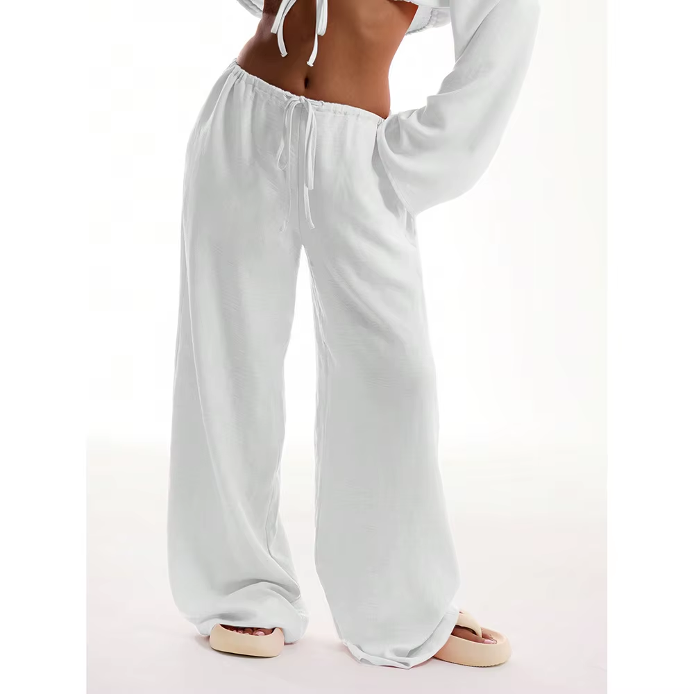 Casual Oversized White Solid Wide Leg Pants Fashion Women Elastic High Waist Pocket Baggy Sweatpant Office Lady Commute Trousers