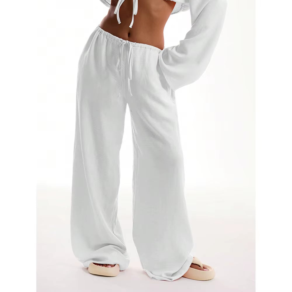 Casual Oversized White Solid Wide Leg Pants Fashion Women Elastic High Waist Pocket Baggy Sweatpant Office Lady Commute Trousers