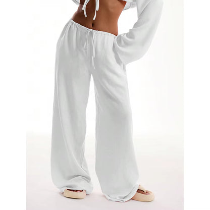 Casual Oversized White Solid Wide Leg Pants Fashion Women Elastic High Waist Pocket Baggy Sweatpant Office Lady Commute Trousers