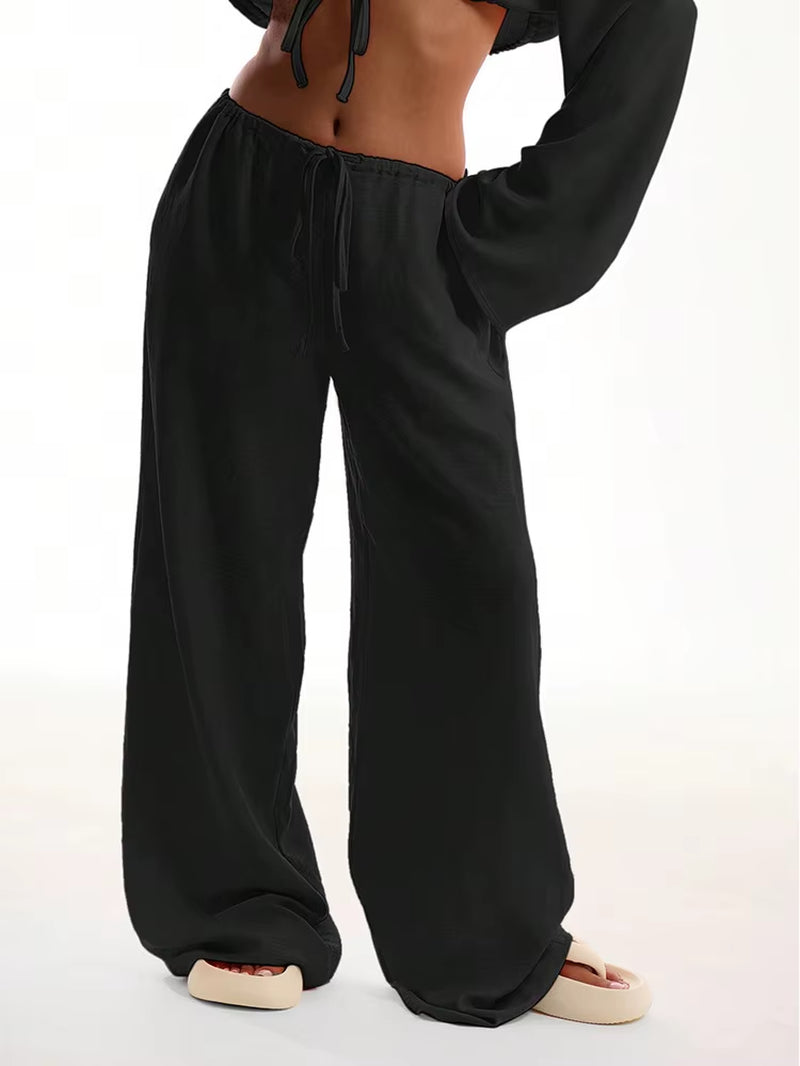 Casual Oversized White Solid Wide Leg Pants Fashion Women Elastic High Waist Pocket Baggy Sweatpant Office Lady Commute Trousers