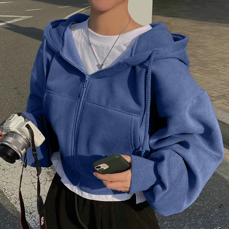 2024 Spring Autumn New Insfleece-Lined Versatile Cropped Slims Smooths Silhouette Zip-Up Warm Navy Blue Hooded Sweatshirt Women