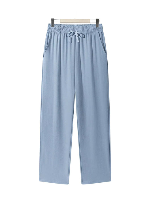 Men'S Casual Straight Trousers Summer Autumn Breathable Solid Color Long Pants Drawstring Fitness Sweatpants Men Streetwear