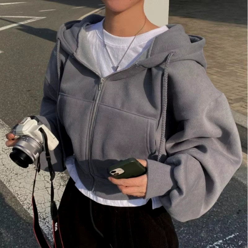 2024 Spring Autumn New Insfleece-Lined Versatile Cropped Slims Smooths Silhouette Zip-Up Warm Navy Blue Hooded Sweatshirt Women