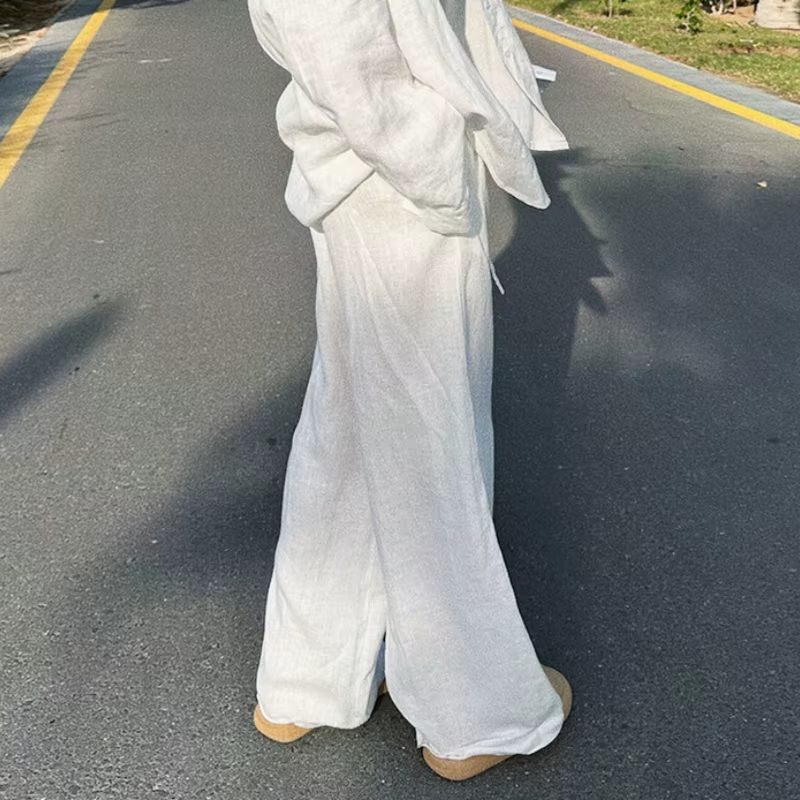 Casual Oversized White Solid Wide Leg Pants Fashion Women Elastic High Waist Pocket Baggy Sweatpant Office Lady Commute Trousers