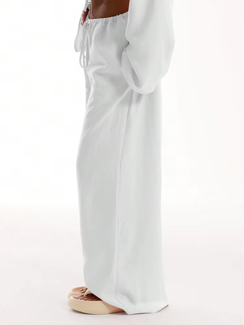 Casual Oversized White Solid Wide Leg Pants Fashion Women Elastic High Waist Pocket Baggy Sweatpant Office Lady Commute Trousers