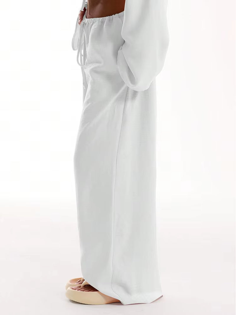 Casual Oversized White Solid Wide Leg Pants Fashion Women Elastic High Waist Pocket Baggy Sweatpant Office Lady Commute Trousers