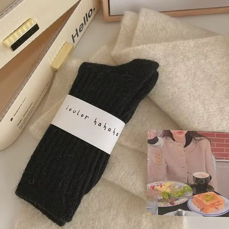 Winter Thick Warm Women'S Cashmere Wool Socks Japanese Harajuku Style Solid Color Long Thermal Fashion Sox for Ladies